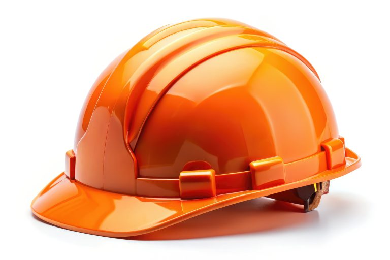 Vibrant orange safety helmet, isolated on a white background, designed for occupational safety and personal protective equipment in construction sites and various work environments