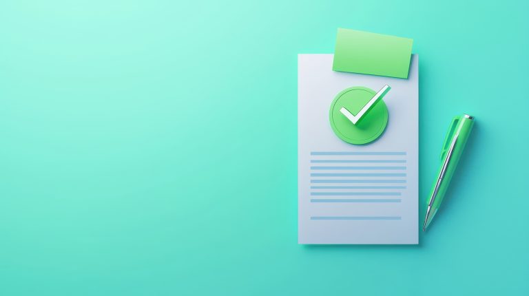 A document with a green checkmark indicating approval, accompanied by a pen on a minimalist turquoise background. Business concept