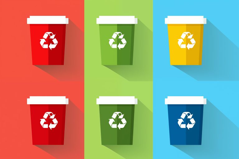 Colorful collection of recycling bins on a vibrant background, promoting waste separation and environmental awareness. Easily recognizable and visually appealing
