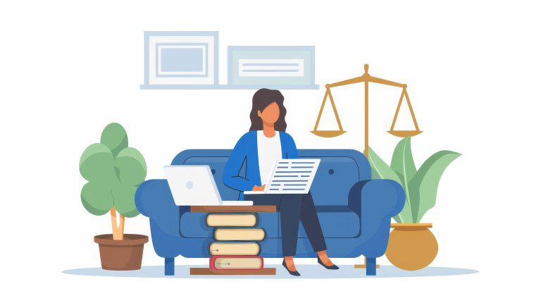 Legal advice online, digital tools for law assistance. Lawyer consulting client on computer screen. Modern illustration with attorney and woman sitting on sofa with laptop and scales