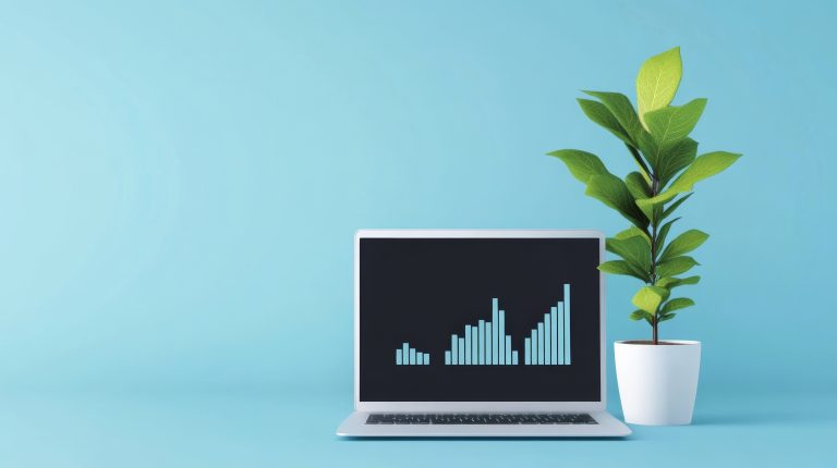 A laptop displaying AI generated graphs and data flow sits next to green plant, creating modern and minimalistic workspace
