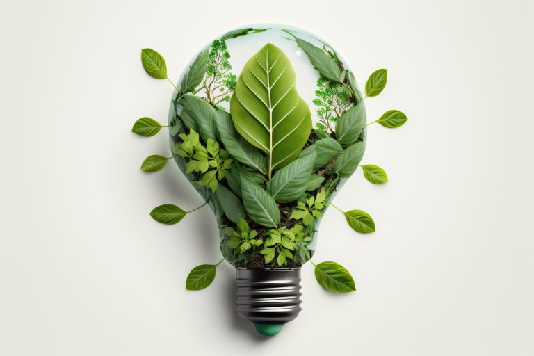 Eco friendly lightbulb from fresh leaves top vie, concept of Renewable Energy and Sustainable Living, created with Generative AI technology