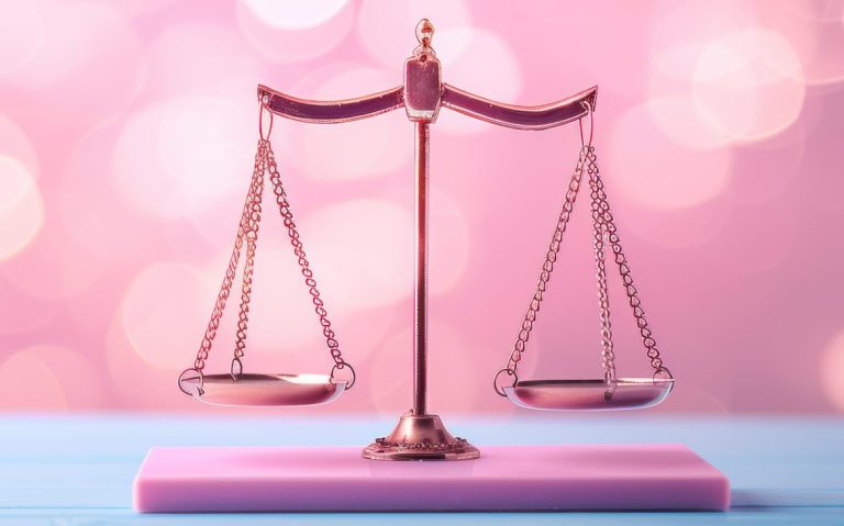 A modern balance scale on a pastel pink background, symbolizing justice, equality, and legal matters. Perfect for legal themes